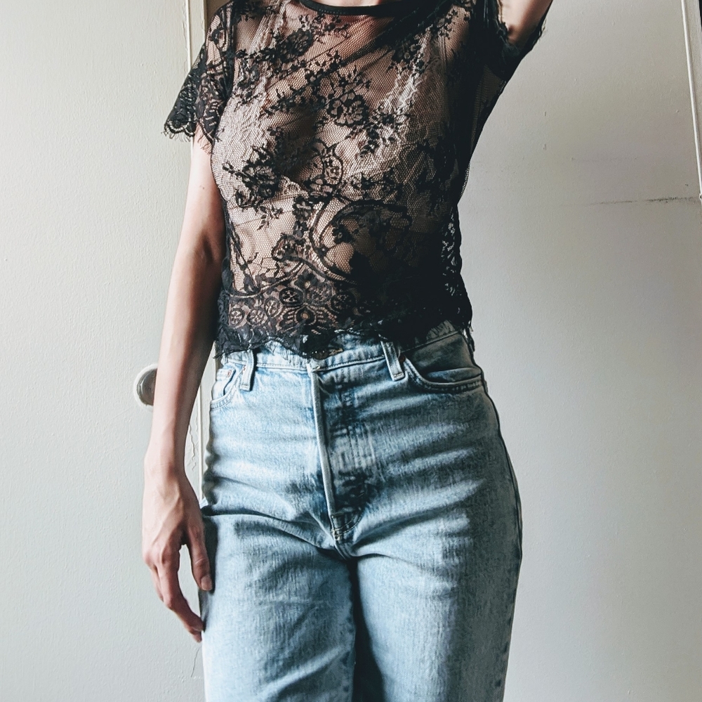 Sheer Black Lace Short Sleeve Blouse